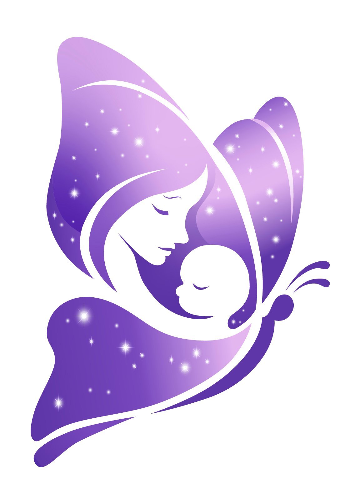 Ilustración de una madre y su bebé abrazados dentro de alas de mariposa en tonos morados y lavanda con destellos